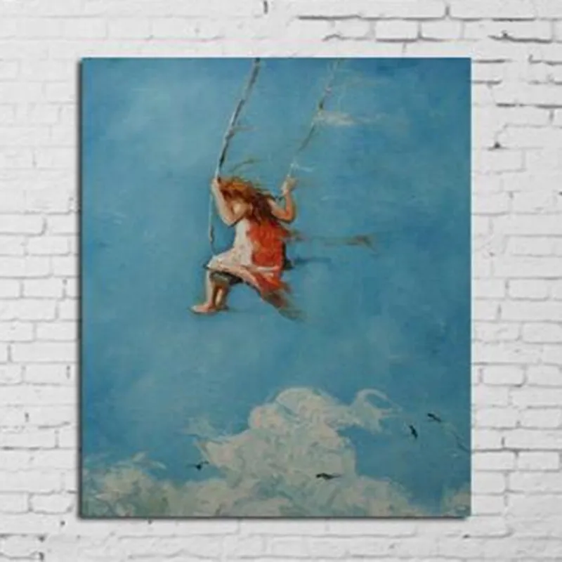 

Beautiful Painting Modern Home Decor Wall Art Hand Painted Abstract Blue Oil Paintings on Canvas Large Funny Swing Girl Pictures