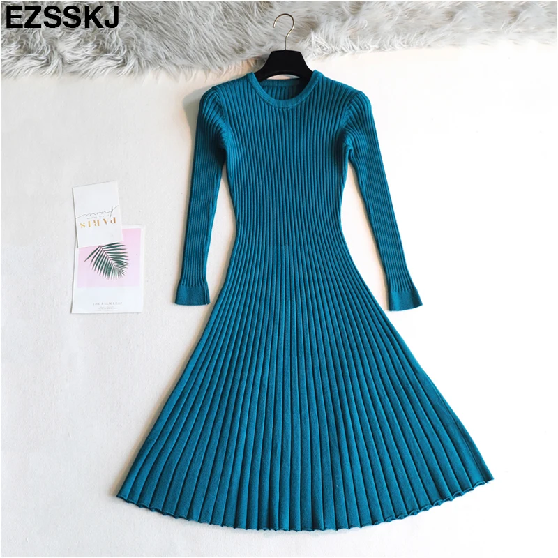 elegant Long sleeve OL O-neck long Sweater dress women Thick knit Autumn Winter dress female Slim A-line basic dress casual pink dress