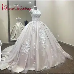 Vestido de noiva 2018 O средства ухода за кожей шеи кружево аппликация Кепки рукава индивидуальный заказ натуральный талии большое бальное платье