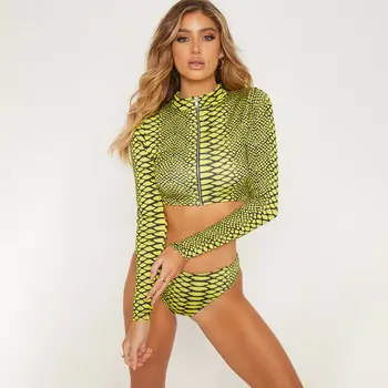 

Women 2Pcs Sets Serpentine Printed Long Sleeve Bikini Set Summer Sun Block High Neck Zipper Crop Top + Triangle Slim Swimwear