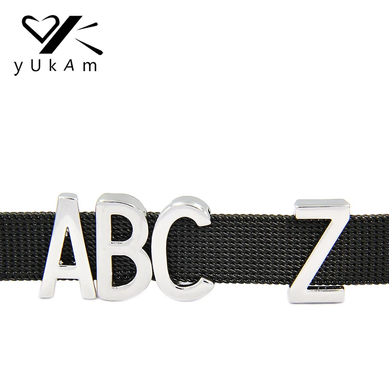 

YUKAM Jewelry Silver Alphabet 26 Letters A-Z Slide Charms Keeper for Stainless Steel Mesh Keeper Bracelet DIY Accessories Making