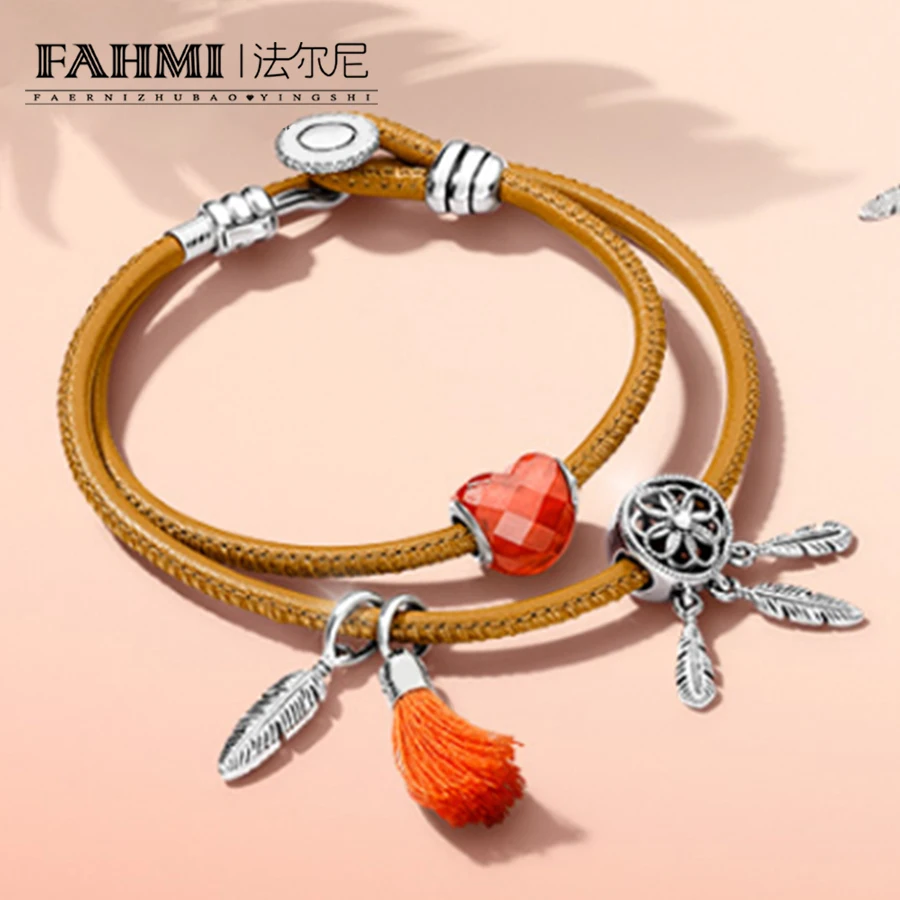 

FAHMI 100% 925 Sterling Silver Summer Collection Bracelet Set MOMENTS GOLDEN TAN DOUBLE LEATHER BRACELET WITH BUTTON CLASP