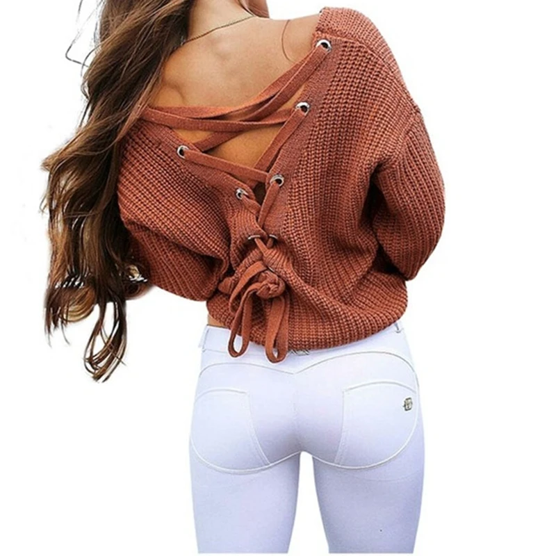 

Sexy backless knitting pullover 2017 Women autumn winter sweater V-Neck Lace Up Women Tops Casual Hollow Out jumper pull femme