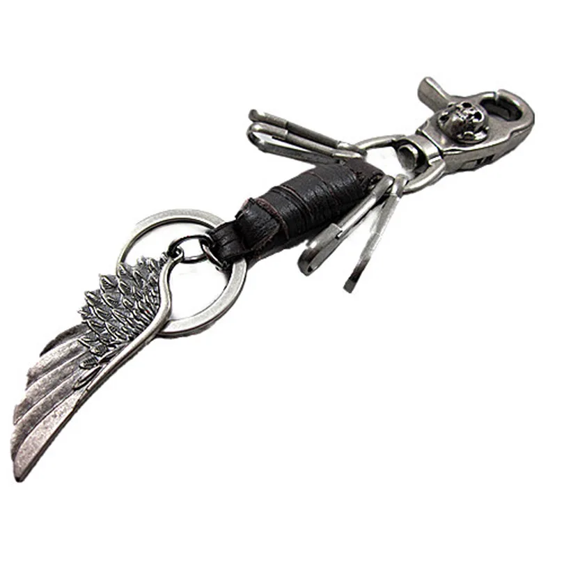 

Vintage Angel Wing Skull Leather Keychain Key Ring Keyfob Holder Black 2016 ee