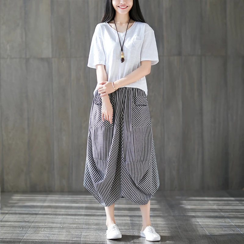 #0625 Summer White Black Striped Pants Women Vintage Casual Wide Leg Pants Female Pockets Asymmetrical Stripe Pants Ladies Thin #0625 Summer White Black Striped Pants Women Vintage Casual Wide Leg Pants Female Pockets Asymmetrical Stripe Pants Ladies Thin