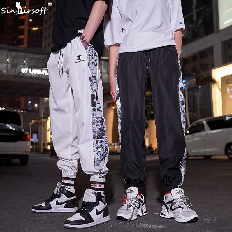 

Side Stripe Drawstring Waist Cargo Pants Men Cartoon Pattern Printing Full Length Pencil Trousers Loose Summer High Street Pants