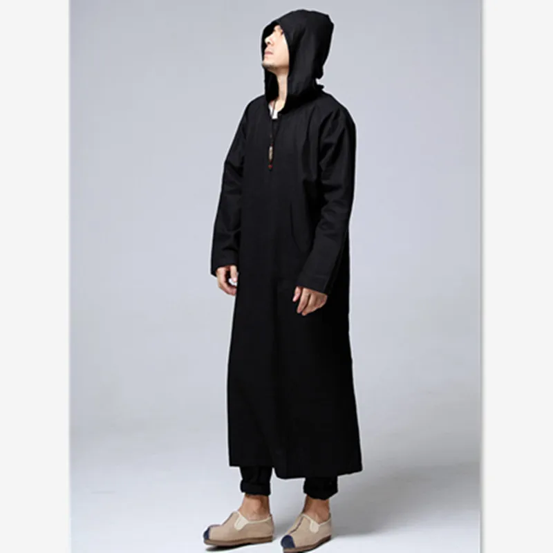 2017 chinesischen Stil Leinen baumwolle Trenchcoat Männer frühjahr Lange Mit Kapuze Lange Roben männer Kapuzen Strickjacken Mantel 060603