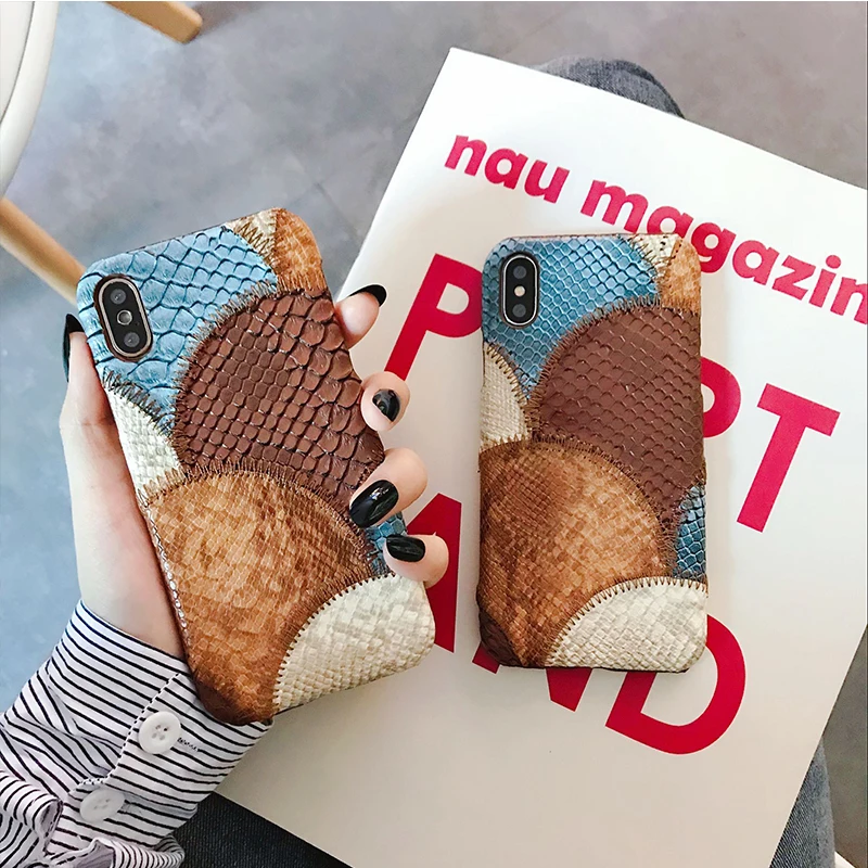 

PU Snake Skin Combine Colors Phone Case for iPhone 6 6S 7 8 Plus Tennis Embroidery Cover For iPhone X XS XR XS Max Case Fundas