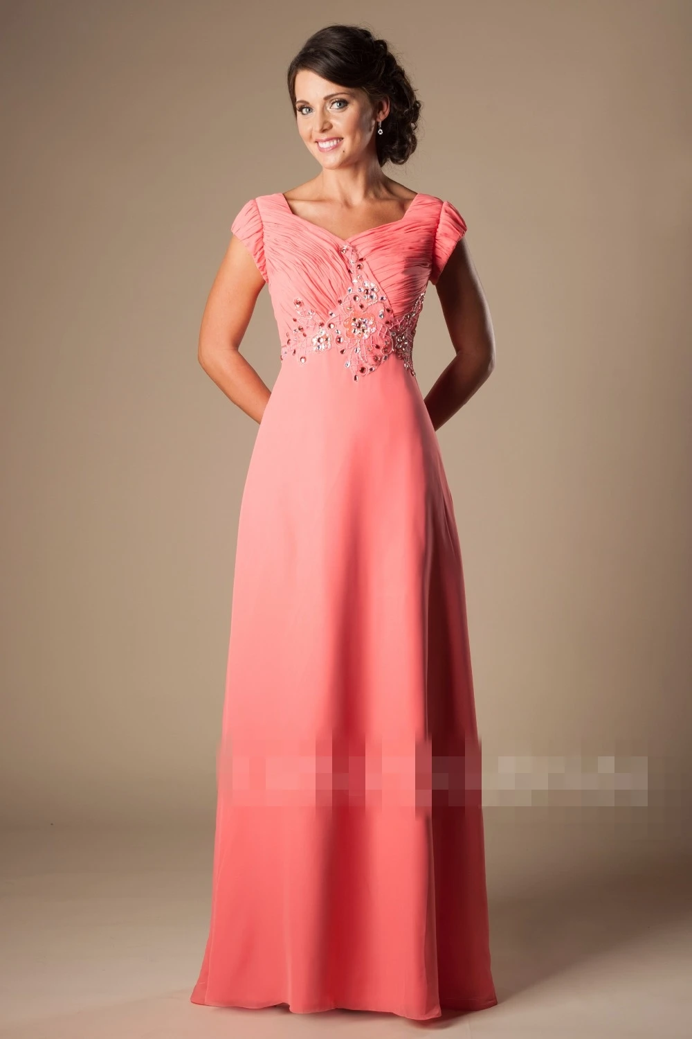 Royal Blue Long Modest Bridesmaid Dresses With Cap Sleeves Beaded