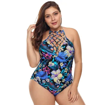 

Bikini 2019 New Women Plus Size One Pieces Suit Flower Print Hollow Swimwear Elastic Beach Vacation Female SPA Swimsuit S91803X