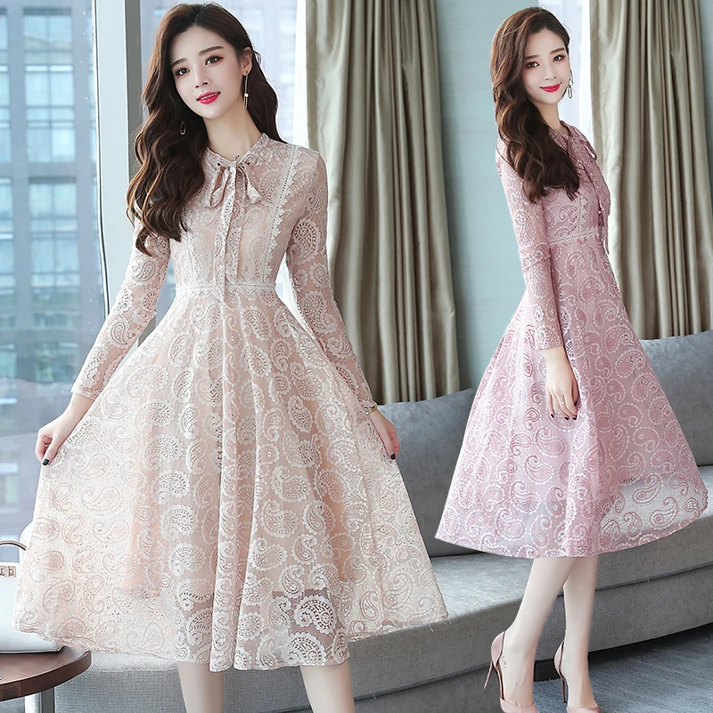 

Vintage Lace Black Midi Elegant Dress Women's Fashion 2019 Autumn Winter Slim Pink Dress Party Long Sleeve Vestidos Dressed