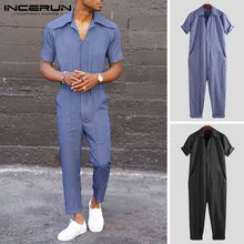 INCERUN,, модные мужские комбинезоны, однотонный комбинезон, джоггеры, с отворотом, на шее, с коротким рукавом, повседневные штаны, свободные, мужские, карго комбинезоны, уличная одежда