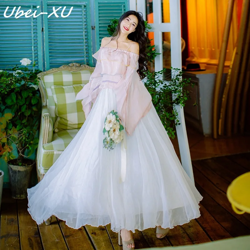 Ubei Spring 2019 women two-piece set romantic one-neck chiffon shirt + sweet flowing fairy long skirt sets Ubei Spring 2019 women two-piece set romantic one-neck chiffon shirt + sweet flowing fairy long skirt sets