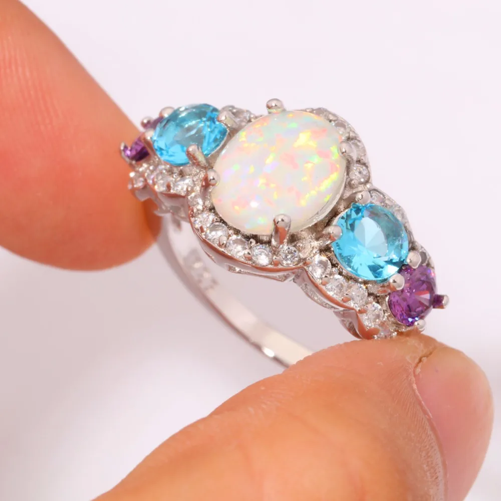 CiNily White Fire Opal Rpund Stone Rings Silver Plated Blue Purple CZ Large Full Crystal Filled Ring Party Jewelry Women Girls