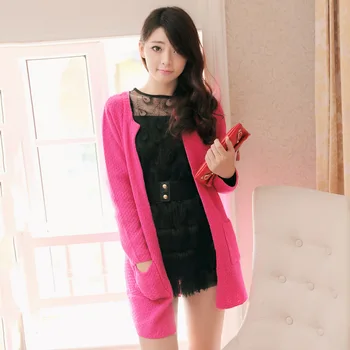 

2014 Promotion New Full O-neck Solid Coat Tricotado Cardigan Fashion All-match No Button Front Open Medium-long Sweater Women