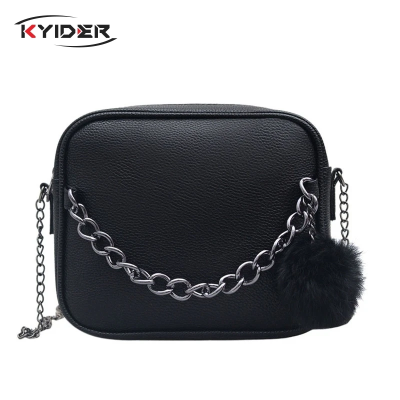 

KYIDER Women Messenger Bag Chains PU Leather Shoulder Bag Vintage Small Mini Flap Bag Fur Ball Decor Bolsas Crossbody Handbags