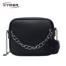 KYIDER Women Messenger Bag Chains PU Leather Shoulder Bag Vintage Small Mini Flap Bag Fur Ball Decor Bolsas Crossbody Handbags bow decor flap pu bag