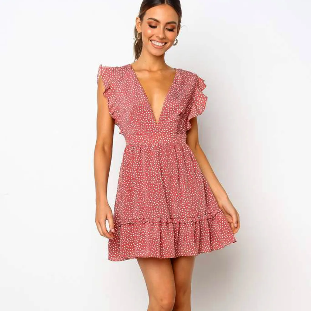 

2019 Dress Women Summer Boho Style Floral Print Chiffon Beach Dress Sundress Sexy V-neck Party Mini Dress Vintage Robe Femme