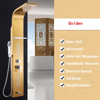 Высший сорт ванная комната 0,8 мм толщина нержавеющая сталь дождевая душевая панель дождевая массажная система кран с струями ручная душевая стойка - Цвет: golden