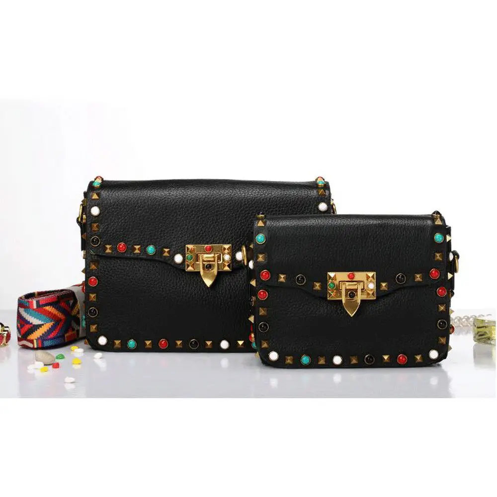 2017 new fashion genuine leather wide webbing strap shoulder bag vintage turquoise color rivet