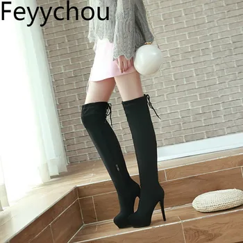 

Women's Boots Autumn Winter Super High Heel Zip Flock Over-the Knee Round Toe Platform Motorcycle Boots 2019 Sexy Fashion Gray