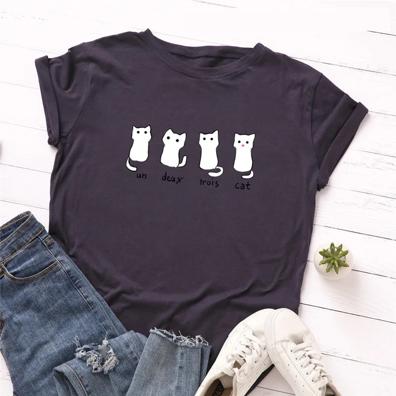Новая Милая женская футболка размера плюс S-5XL с принтом в виде четырех котов из хлопка, летняя футболка с круглым вырезом и коротким рукавом, топы, розовые футболки