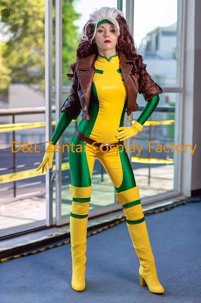 Костюм на Хэллоуин, X-men Rogue косплей костюм, желтый и зеленый Облегающий комбинезон из синтетической эластичной ткани костюм супергероя для женщин с париком