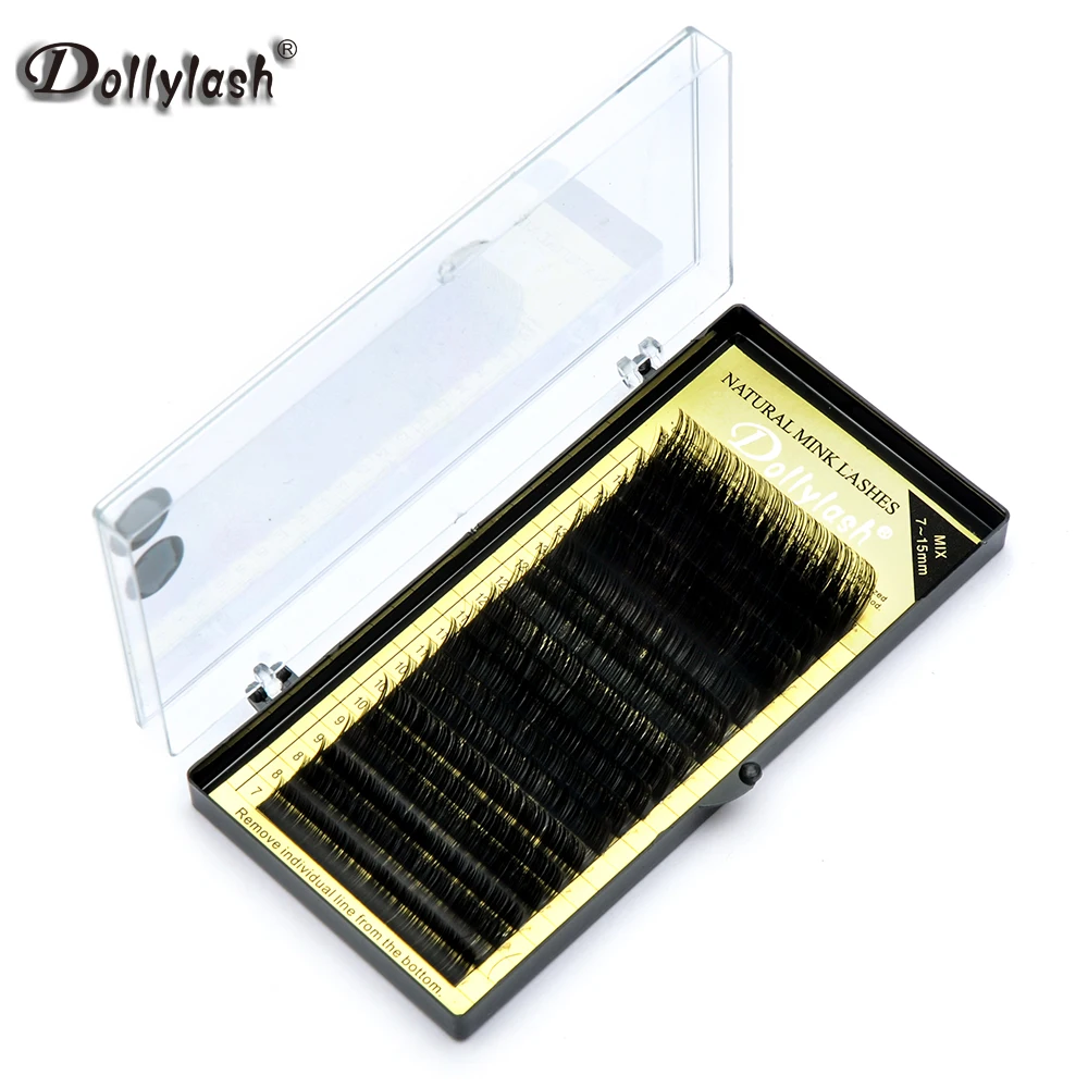 Продажа Dollylash 20rows лоток шелковые ресницы J B C D локон смесь Длина 7 15 мм шелк отдельных ресниц Черный Поддельные ресницы