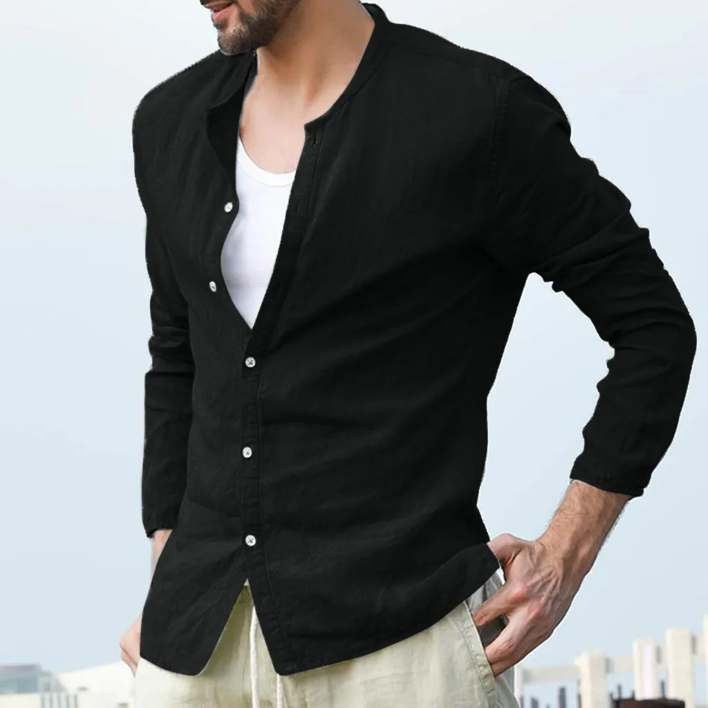 Womail, мужская летняя рубашка, новая мода, длинный рукав, хлопок, лен, одноцветная, на пуговицах, Пляжная рубашка, Повседневная, высокое качество, M517