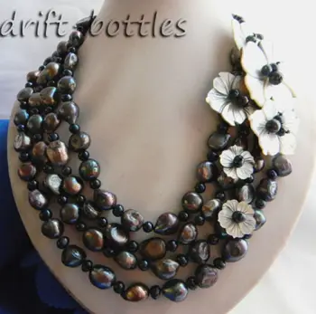 

Hot sale new Style >>>4Srands 18'' 12mm Black Baroque Round Freshwater Pearl Shell Flower Necklace
