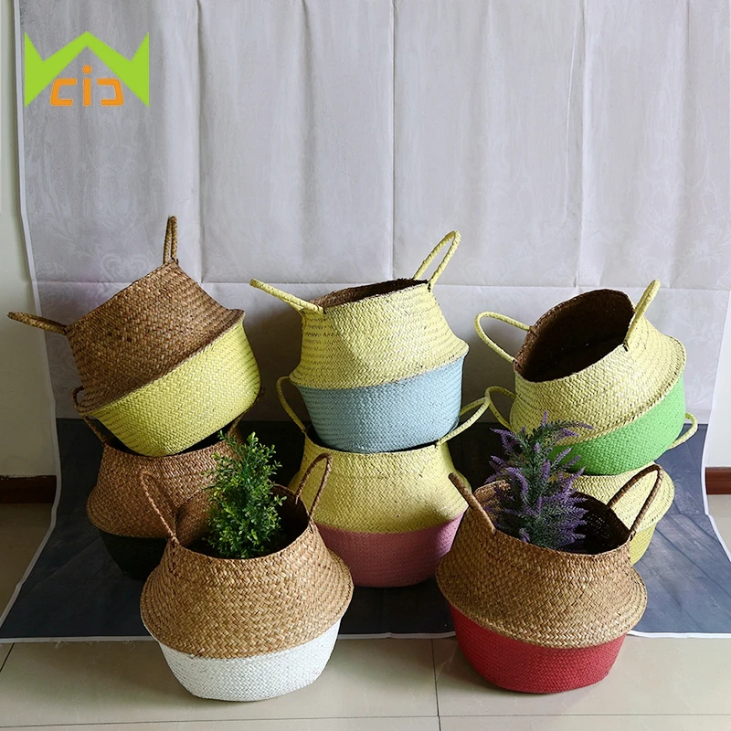 WHISM 10 Colors Hand-Woven Flower Pot Planter Folding Natural Sea Grass Plant Pot Flower Pots Decorative Garden Succulent Pot