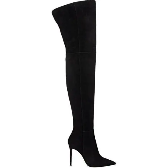 Модные замшевые и кожаные Для женщин с заостренным носком Сапоги выше колена В рыцарском стиле Стиль дамские сапоги на высоком каблуке; застежка-молния сбоку весенний, сапоги