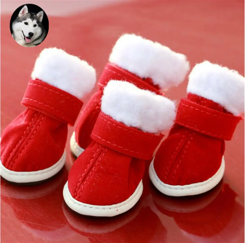 NEW Dog Winter Warm Fleece Dog Rain Snow Shoes Pet Suit Santa Antiskid ...