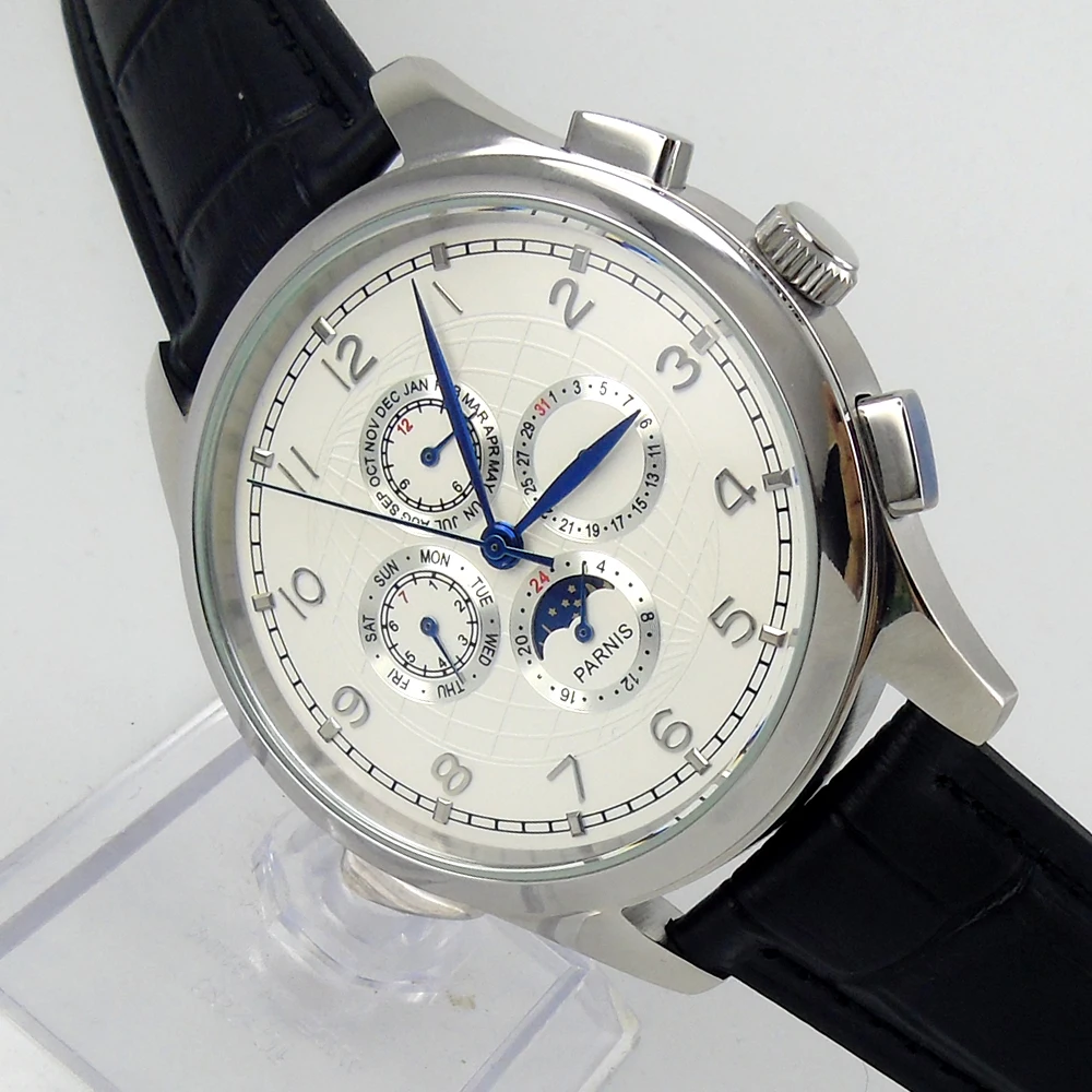 Parnis 44mm white  dial Moon Phase Multifunction Automatic movement men's watch