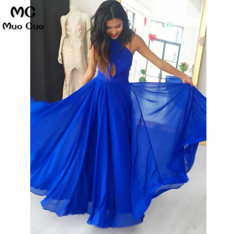A-Line Cross Neck Backless Floor-Length Royal Blue Chiffon Prom Dress