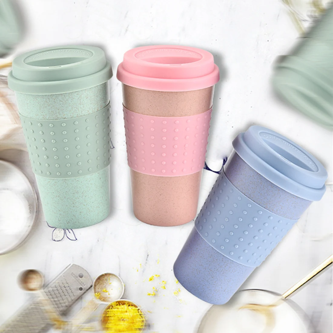 Wheat Straw Plastic Coffee Cups Travel Coffee Mug With Lid Travel Cup