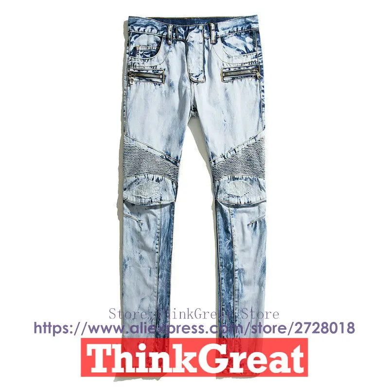 

Free  2016 Spring Summer Top Quality Balm Men's Blue Tie-dye Washed Biker Jeans Retro Frayed Patch Slim Famous Brand