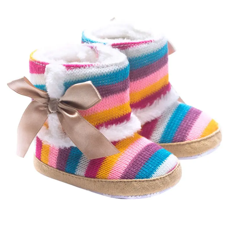 

Baby Rainbow Knitting Children Girls Warm Winter Boots Lovely Infant Toddler Soft Booty Booots Crib Soled Shoes Wool