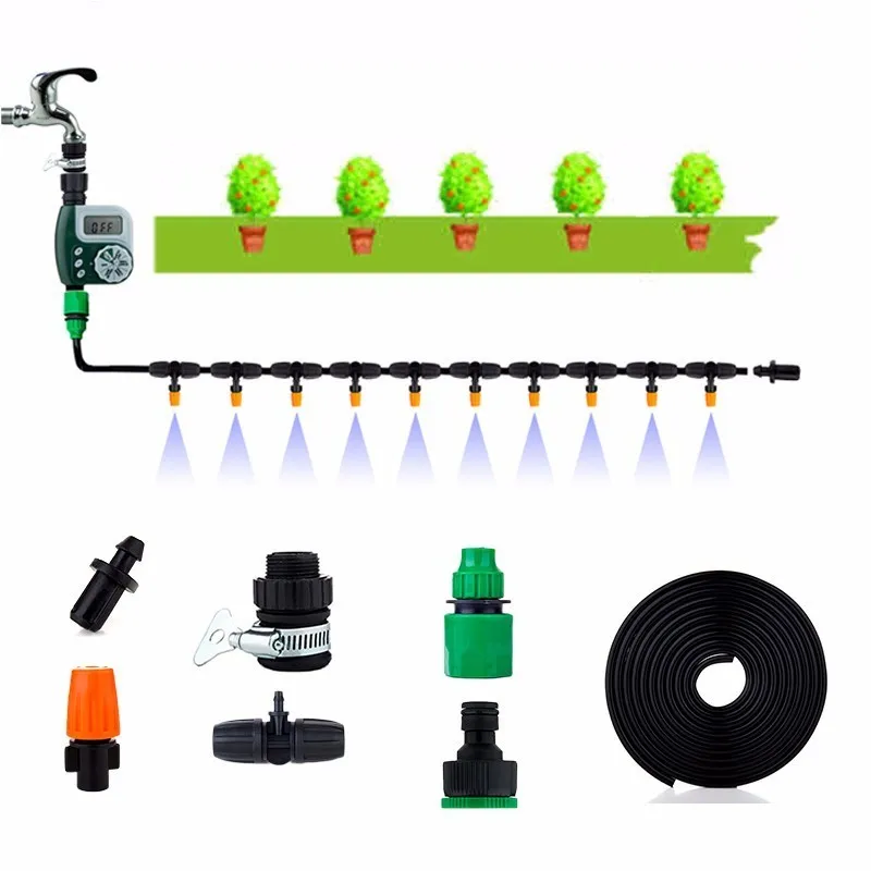 

5/10m Garden DIY Automatic Watering Micro Drip Irrigation System Timer Self Watering Kits Adjustable Dripper Spray Cooling
