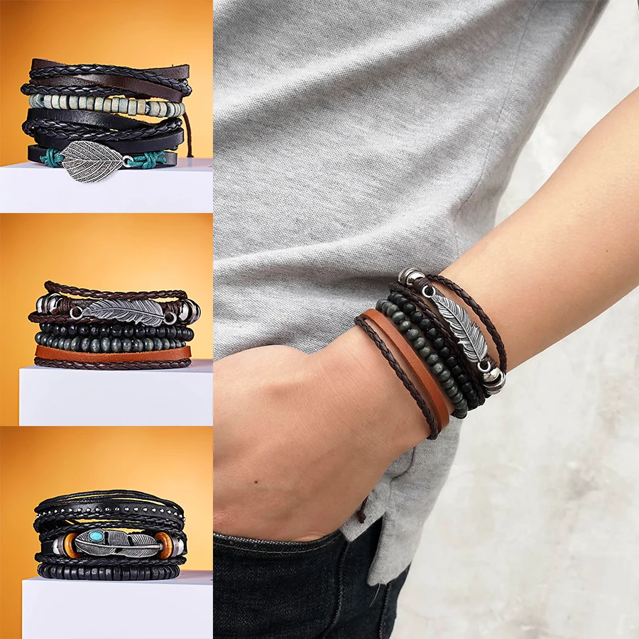 

Rinhoo Hot Sell Leaf Wooden Beads Woven Leather Adjustable Set Bracelets Men Vintage Multilayer Fashion Handmade Bangles Jewelry