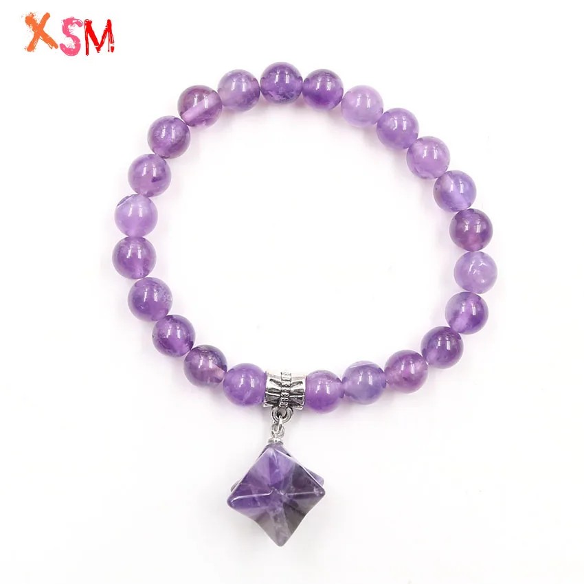 

8mm Natural Amethysts Rock Crystal Elastic Handmade DIY Charm Bangles Women Reiki Healing Merkaba Bracelets Jewelry 1Pcs