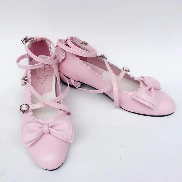 

2.5cm Low Heels Matte Pink Bows Antaina Tea Party Lolita Shoes Heels Pointed Toe