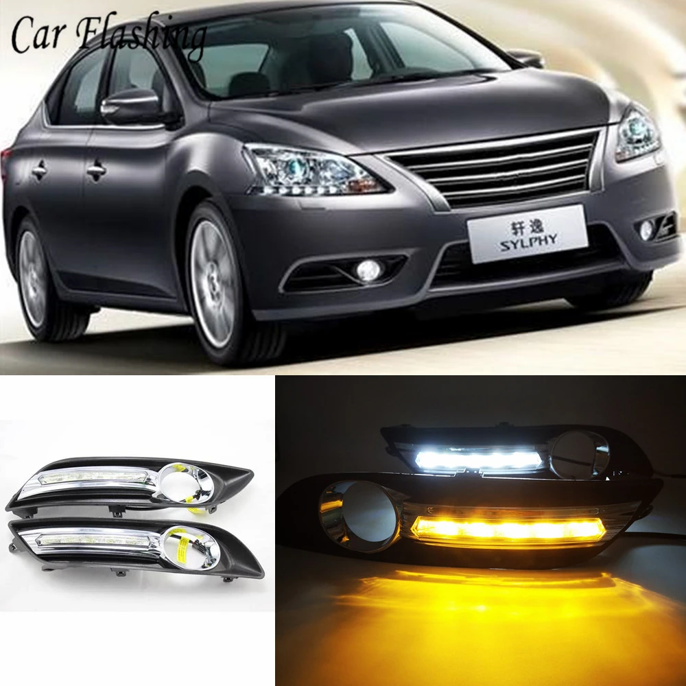 

Car Flashing 1 Set For Nissan Sylphy Sentra 2012 2013 2014 2015 LED DRL Daytime Running Lights Daylight With turn signal lamp