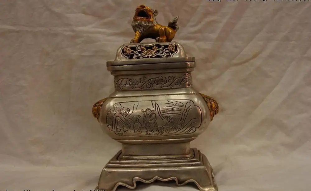 

Chinese Folk white Copper silver Foo Dog aromatherapy censer Incense burner