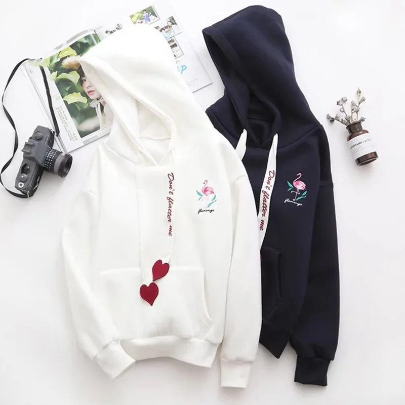 Winter Embroidery Womens Hoodies Preppy Crane Autumn Causal Sweatshirts Long Sleeve Pullover 