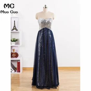 

A-Line Dark Navy Evening Prom dresses Long with Sequined Vestidos de fiesta Floor Length Sweetheart Formal Evening Dress