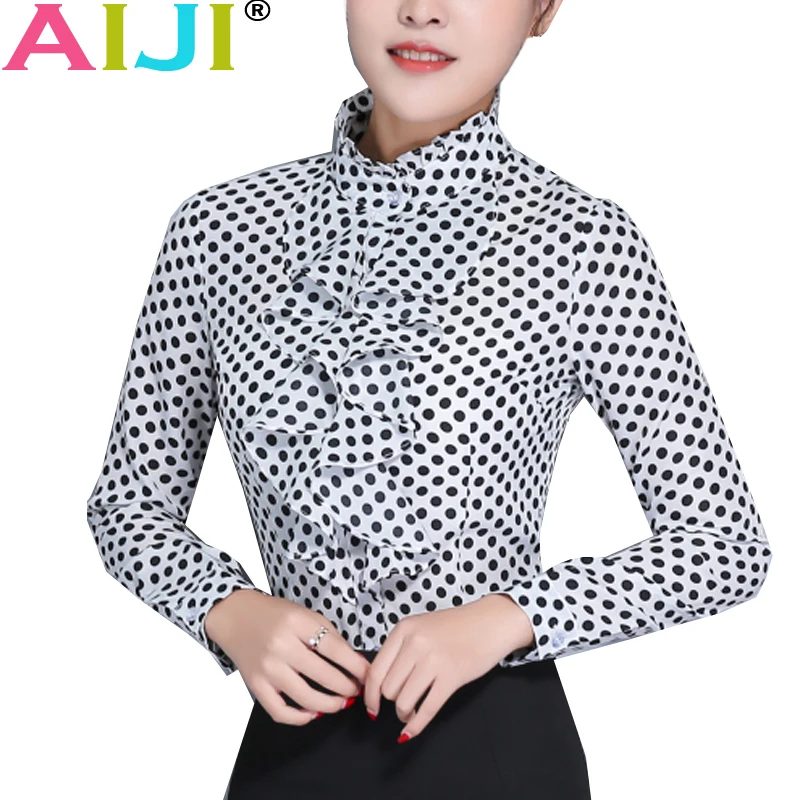 Bow polka dot stand collar elegant women chiffon blouses