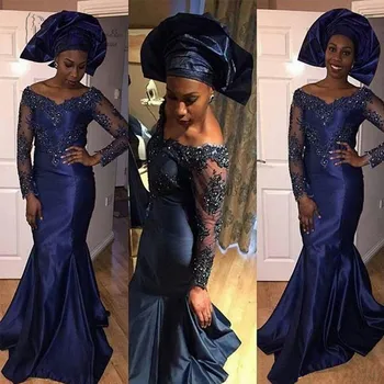 

Navy Blue Arabic Evening Gowns Dresses Long Sleeve Abiti Da Cerimonia Da Sera Lace Prom Dress Mermaid Taffeta Robe de Soiree