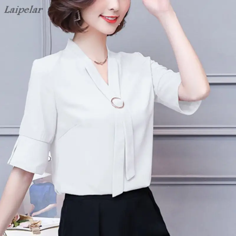 

2018 Summer New Ladies Tops V-Neck Bow Short-Sleeve Top Trumpet Sleeves Pure Color Chiffon Shirt Fashion Formal Slim Blouses