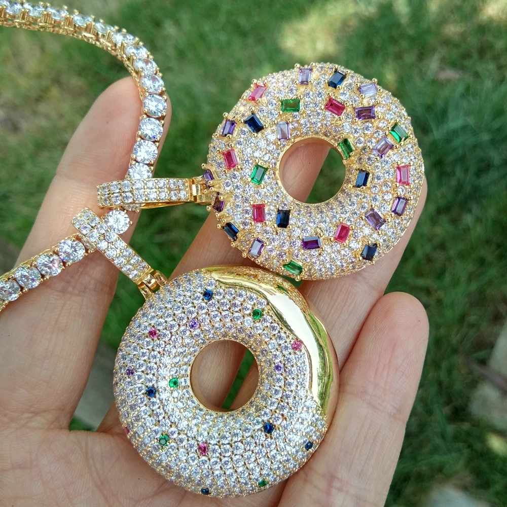 Iced CZ Пончик подвески для женщин цепочки и ожерелья Золото Цвет Серебряный хип хоп ожерелье ювелирные изделия подарок CN109